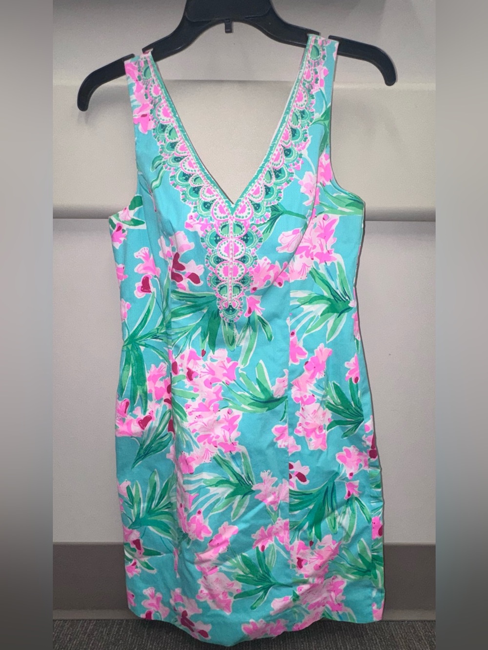 Lilly Pulitzer Aqua and Pink Floral V-Neck Cotton Sundress